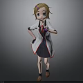 3D Cartoon Character Model With Brown Hair Purple Accessory White Lab Coat And Black Skirt