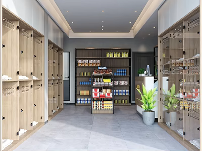 Modern Shopping Mall Store With Wooden Shelves Glass Display Cabinets And Green Plants 3d model