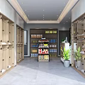 Modern Shopping Mall Store With Wooden Shelves Glass Display Cabinets And Green Plants