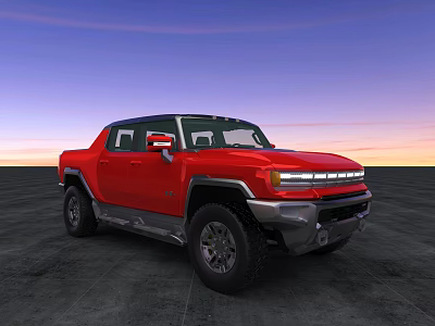 Red Modern Pickup Truck With LED Headlights Against Sunset Sky Background 3d model