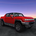 Red Modern Pickup Truck With LED Headlights Against Sunset Sky Background