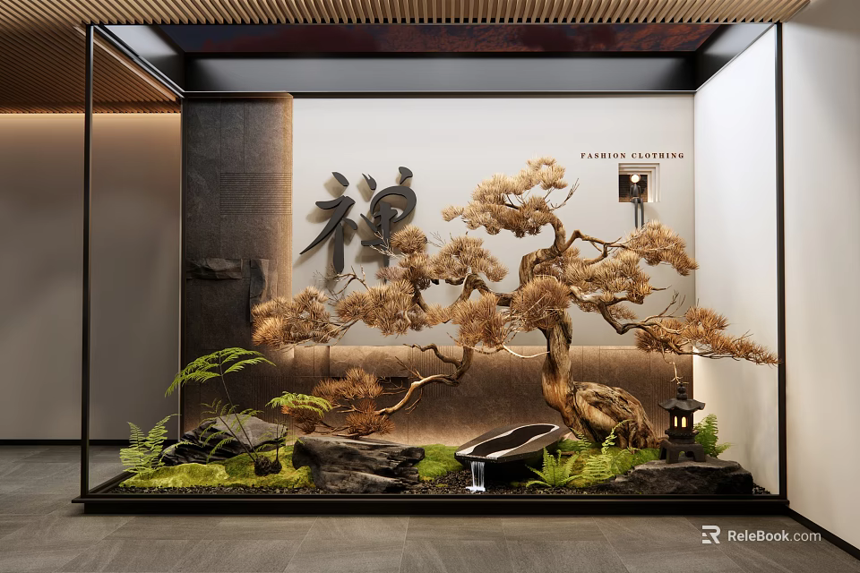 Zen inspired Courtyard Garden With Pine Tree Rock Formations And Water Feature 3d model 