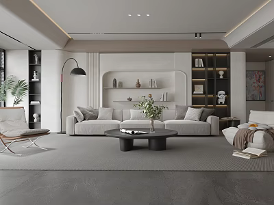 Modern Living Room Interior Design With Gray Sofa Black Coffee Table Floor Lamp And Bookshelves 3d model