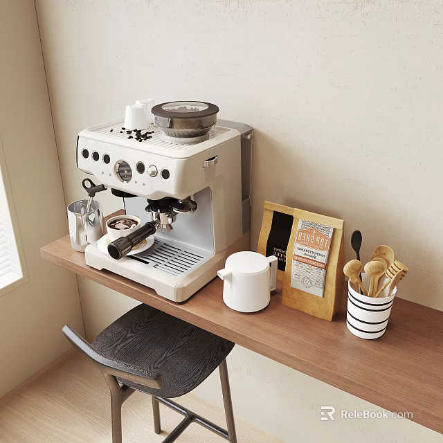 Modern Stylish Kitchen Countertop Featuring Coffee Maker Cups Wooden Spoons And Appliances 3d model 