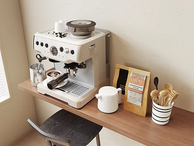 Modern Stylish Kitchen Countertop Featuring Coffee Maker Cups Wooden Spoons And Appliances 3d model