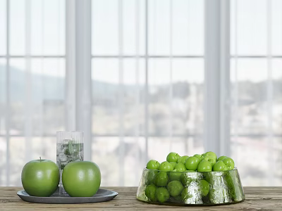Fresh Green Apples On Plate And Bowl Of Green Fruits By Window With Mountain View 3d model
