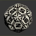 Black And White Polyhedral Dice With Geometric Patterns And Numbered Faces