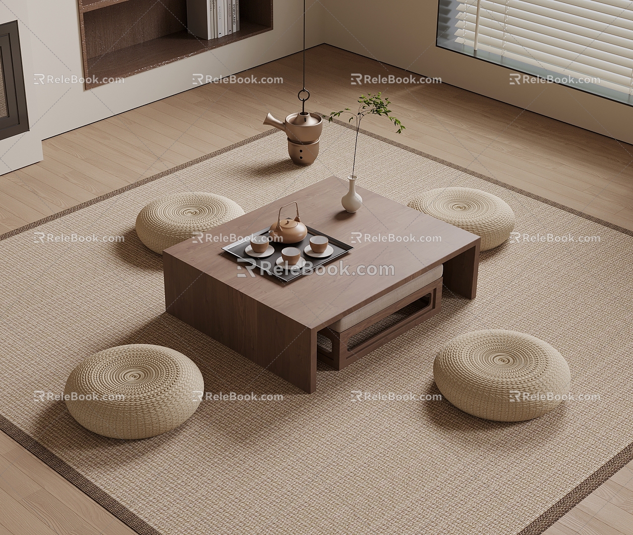 New Chinese Tea Table and Chair Solid Wood Tea Table and Chair Tatami Tea Table and Chair Cushion Tea Set Vase Carpet 3d model