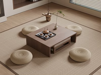 Wooden Tea Table with Round Floor Cushions and Tea Set on Natural Mat 3d model