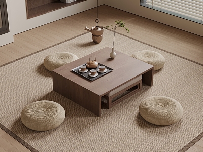 New Chinese Tea Table and Chair Solid Wood Tea Table and Chair Tatami Tea Table and Chair Cushion Tea Set Vase Carpet 3d model