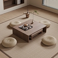 New Chinese Tea Table and Chair Solid Wood Tea Table and Chair Tatami Tea Table and Chair Cushion Tea Set Vase Carpet 3d model