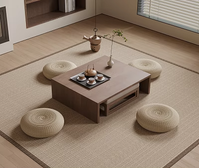Wooden Tea Table with Round Floor Cushions and Tea Set on Natural Mat 3d model