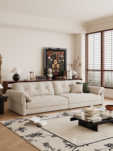 Cozy Modern Living Room Interior With Beige Sofa Decorative Painting And Window Blinds 3d model 