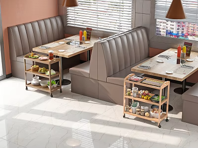 Functional Wooden Restaurant Table With Booth Seating And Mobile Serving Carts 3d model