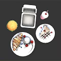 Assorted Food Including Burger Croissant Cake Pink Milkshake Open Takeout Container And Plates With Berries