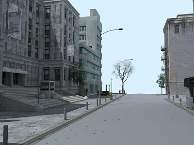 Classic Office Building Exterior With Street Steps Lamp Posts And Trees 3d model