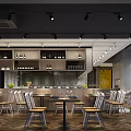 Modern Restaurant Interior With Open Layout Wooden Tables Chairs Pendant Lights And Glass Windows