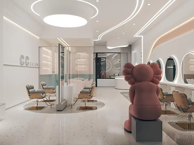 Modern Beauty Hair Salon Interior With Styling Chairs Round Mirrors And Decorative Sculpture 3d model