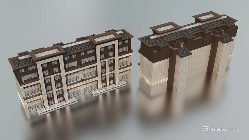Modern Multistory Residential Building Exterior With Brown Beige Facade And Roof Details 3d model 