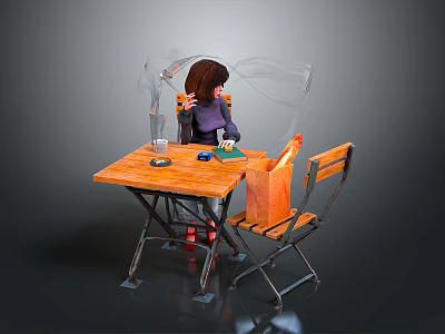 Transparent Protective Shield Covering Wooden Table With Chair And Shopping Bag 3d model