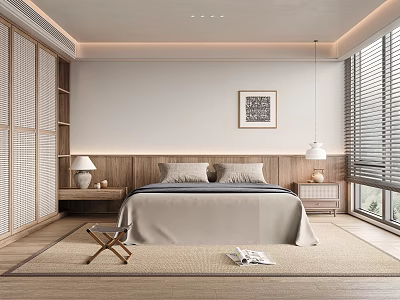 Modern Bedroom Interior With Wooden Nightstands Table Lamps Blinds Gray Bedding And Framed Artwork 3d model