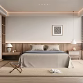 Modern Bedroom Interior With Wooden Nightstands Table Lamps Blinds Gray Bedding And Framed Artwork