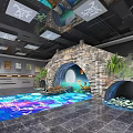 Decorative Stone Arch Space With Projected Colorful Floor Patterns Lanterns Small Boat And Plants