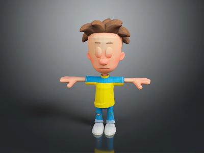 Cartoon Boy Character 3D Model Brown Hair Yellow Shirt Blue Pants White Shoes Arms Outstretched 3d model