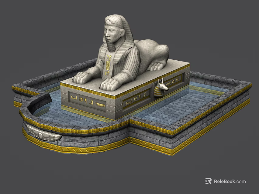 Intricate Egyptian Sphinx Stone Sculpture with Ornate Pedestal and Water Pool Design 3d model 