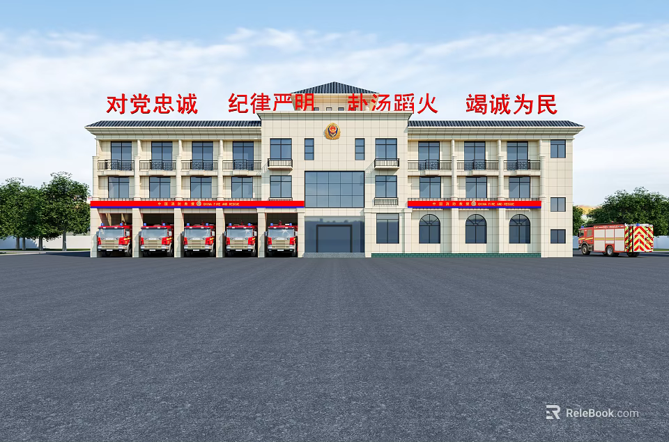 Multi story Fire Station Building With Parked Fire Trucks And Open Front Square 3d model