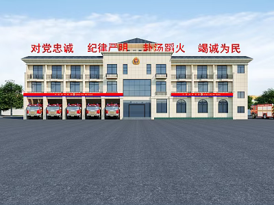 Multi story Fire Station Building With Parked Fire Trucks And Open Front Square 3d model