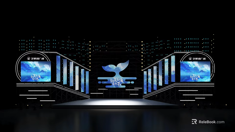 Modern Blue Stage Design With Whale Logo Screens And Lighting 3d model 
