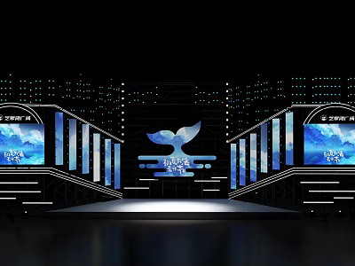 Modern Blue Stage Design With Whale Logo Screens And Lighting 3d model