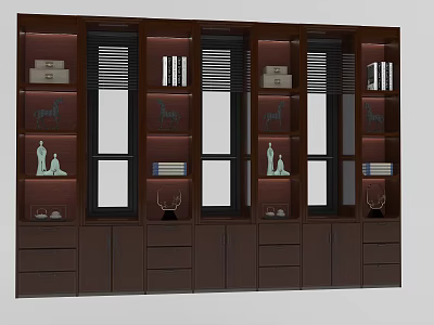 Elegant Dark Brown Decorative Cabinet With Shelves Books Statues And Drawers 3d model