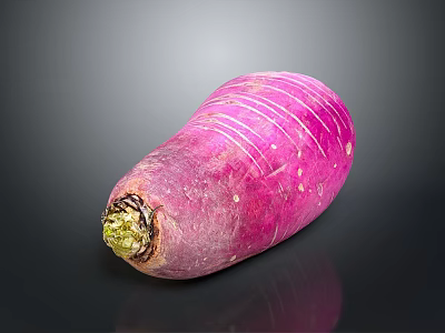 Fresh Purple Radish With White Stripes And Green Root On Black Background 3d model