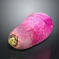 Fresh Purple Radish With White Stripes And Green Root On Black Background