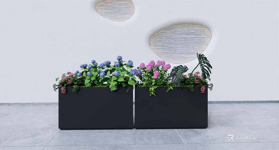 Black Rectangular Flower Planters With Blue Pink Hydrangea And Green Leaves In Modern Setting 3d model 