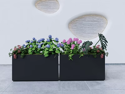 Black Rectangular Flower Planters With Blue Pink Hydrangea And Green Leaves In Modern Setting 3d model
