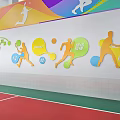 Shoe Bench In Indoor Sports Arena With Colorful Banners And Tennis Court Setup