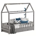 House Shaped Kids Bed With White Frame Curtains Star Moon Decorations And Cloud Pattern Pillows