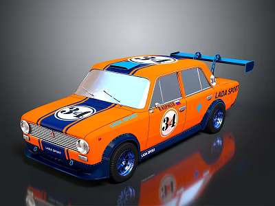 Orange Race Car With Number 34 Blue Rear Spoiler Racing Livery And Sporty Design 3d model