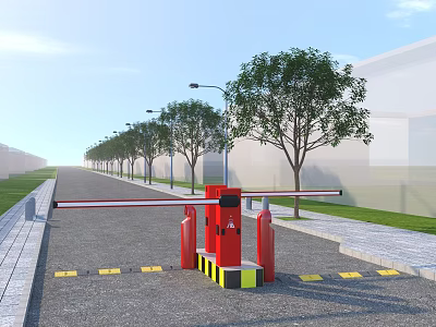 Road Facilities With Red Barrier Gate Trees Street Lamps And Yellow Warning Strips 3d model