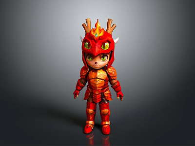 Cute Red Dragon Themed Character In Armor Costume With Golden Horns And Green Eyes 3d model