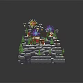 Cartoon Winter Scene With Snowy Hills Small Cabin Christmas Trees And Fireworks