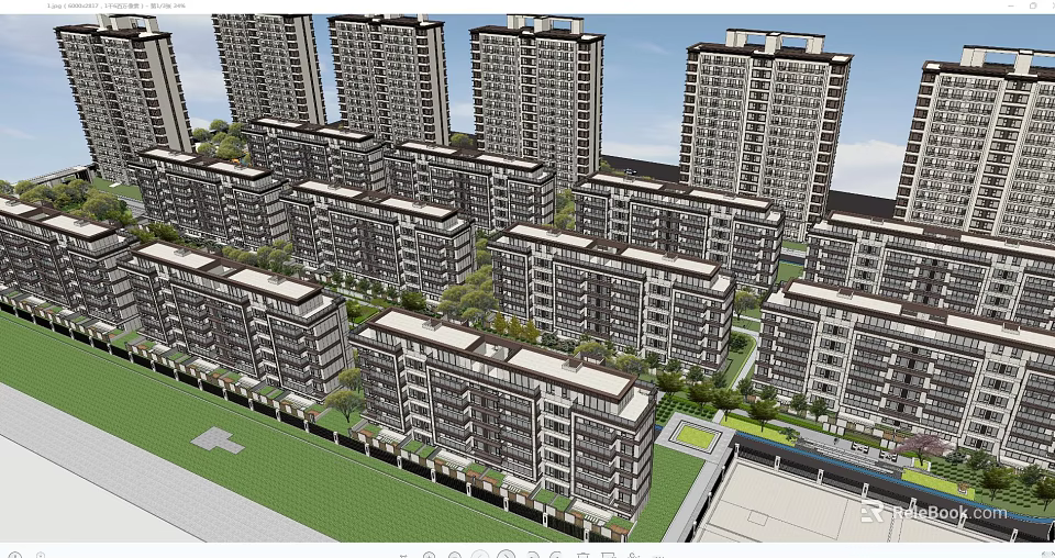 Modern Residential Complex With High Rise And Low Rise Buildings Green Lawns And Trees 3d model 