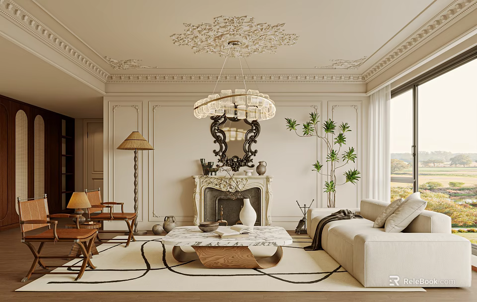 Elegant Living Room With Decorative Walls Ornate Chandelier Fireplace Beige Sofa And Marble Coffee Table 3d model 