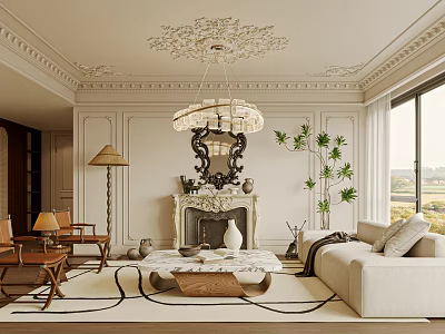 Elegant Living Room With Decorative Walls Ornate Chandelier Fireplace Beige Sofa And Marble Coffee Table 3d model