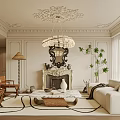 Elegant Living Room With Decorative Walls Ornate Chandelier Fireplace Beige Sofa And Marble Coffee Table