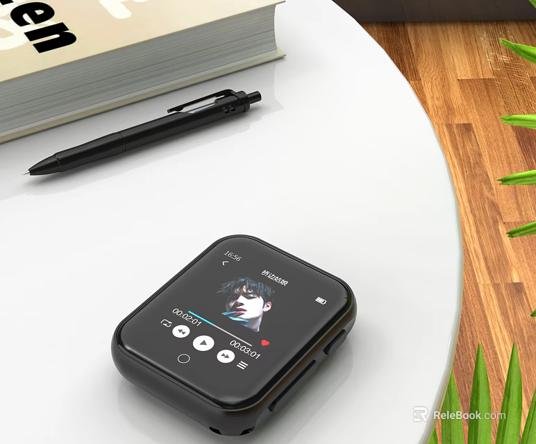 Black Smart Digital Player With Screen Showing Portrait And Playback Control Buttons On Desk 3d model 