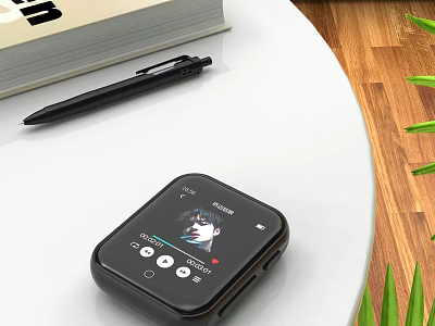 Black Smart Digital Player With Screen Showing Portrait And Playback Control Buttons On Desk 3d model